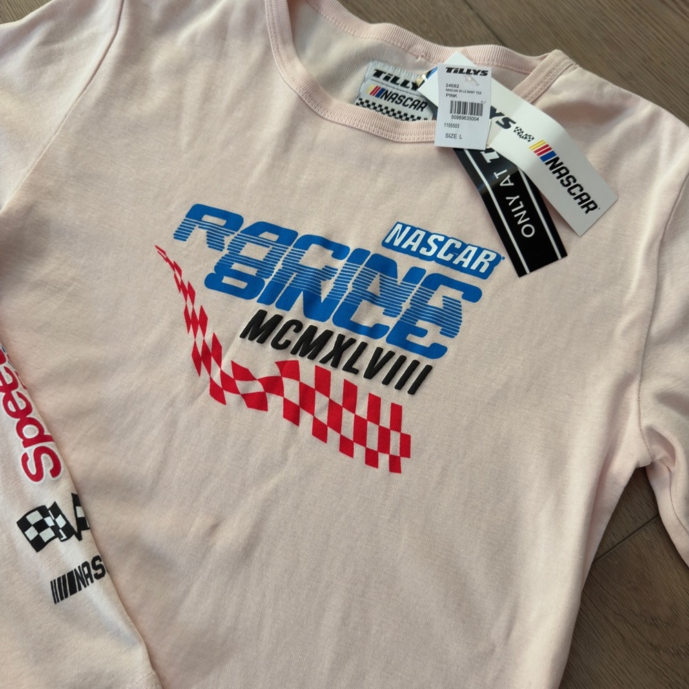 NASCAR Kids Long Sleeve Tee - Light Pink with Blue and Red Accents - Picture 2 of 4